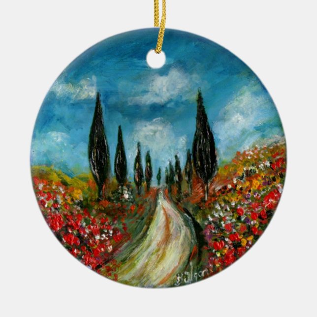 ZYPRESSEbäume UND -MOHNBLUMEN IN TOSKANA RUND Keramikornament (Vorne)
