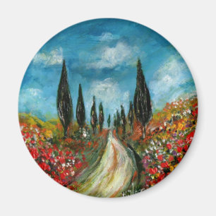 ZYPRESSEbäume UND -MOHNBLUMEN IN TOSKANA RUND Magnet