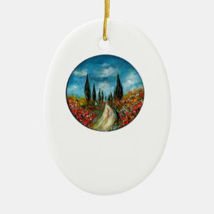 ZYpressen UND KLATSCHMOHN IN TUSZIEN RUND Keramik Ornament